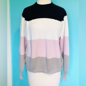 EUC 6397 XS Oversized Colorblock Pink Grey Ivory Cotton Cashmere Sweater Crew
